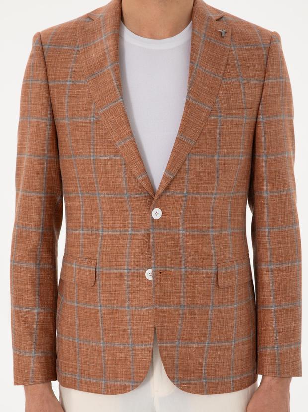 Bakır Slim Fit Yün İpek Karışımlı Ekose Ceket