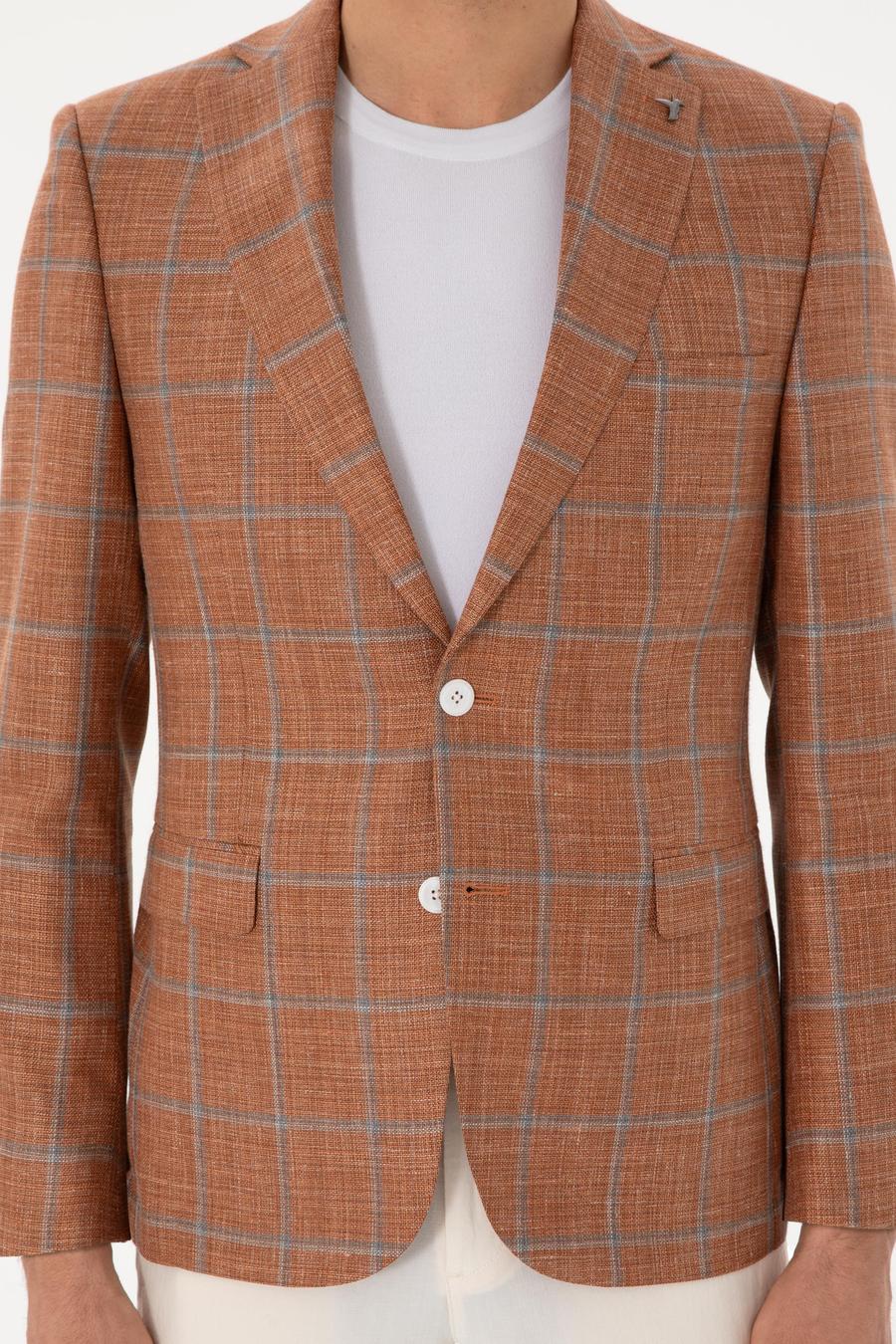 Bakır Slim Fit Yün İpek Karışımlı Ekose Ceket - 50300002023