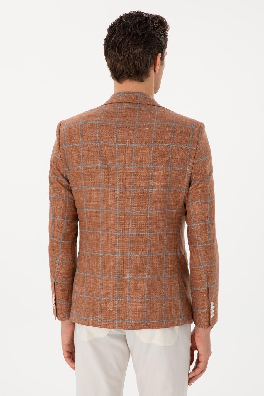 Bakır Slim Fit Yün İpek Karışımlı Ekose Ceket - 50300002023