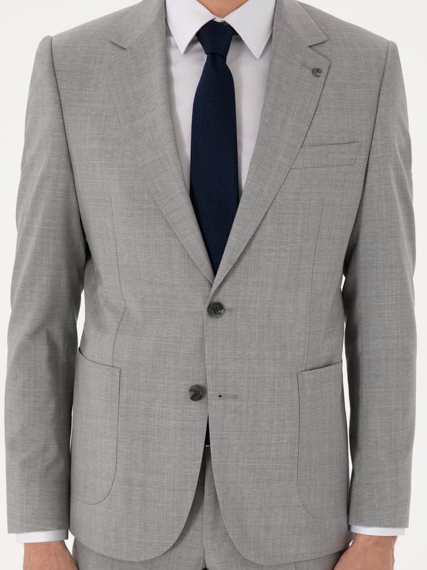 Açık Gri Slim Fit %100 Yün Basic Takım Elbise