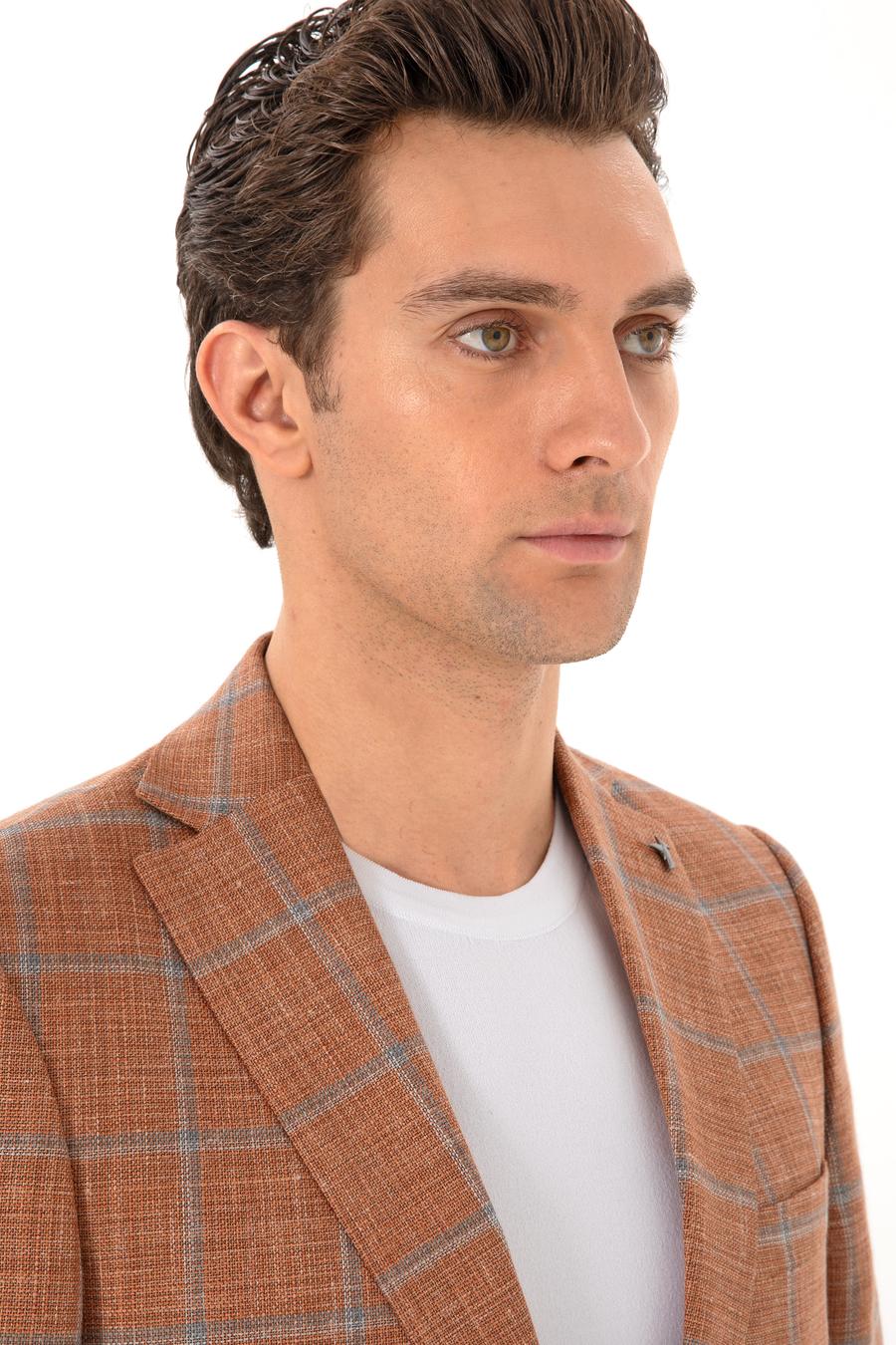 Bakır Slim Fit Yün İpek Karışımlı Ekose Ceket - 50300002023