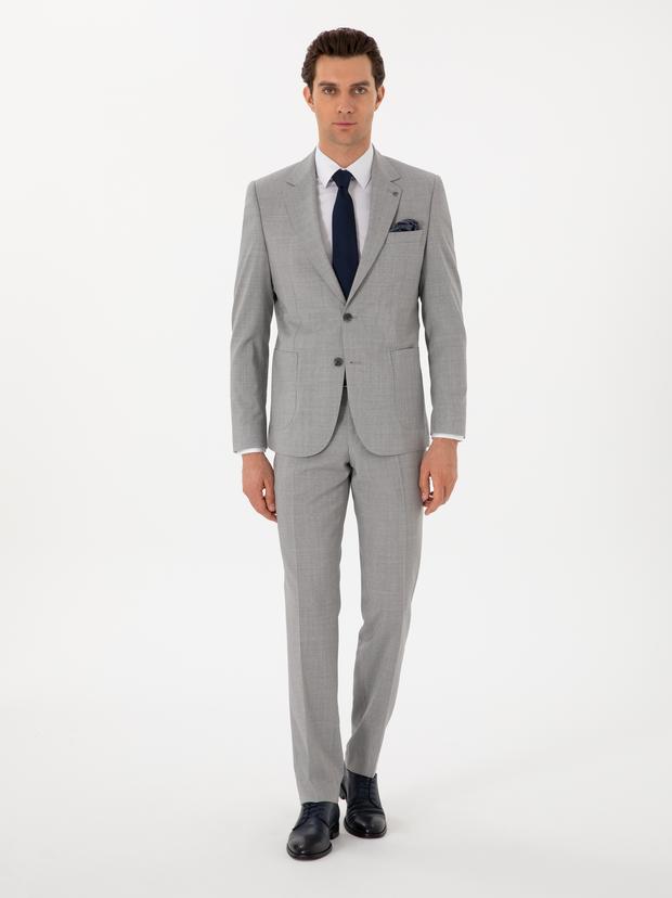 Açık Gri Slim Fit %100 Yün Basic Takım Elbise