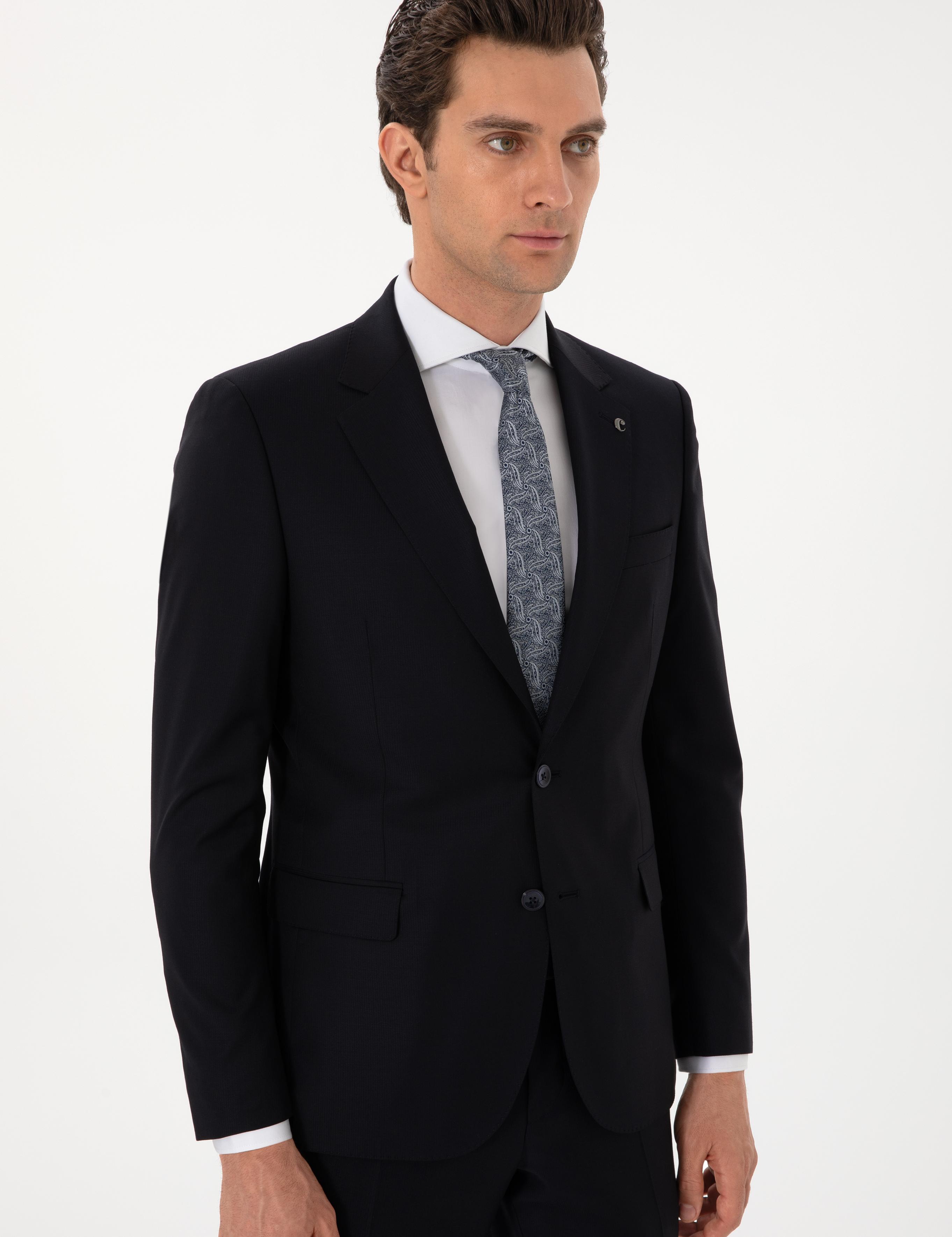 Koyu Lacivert Slim Fit %100 Yün Mikro Desenli Takım Elbise - 50300582041