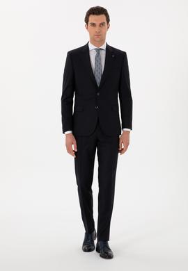 Koyu Lacivert Slim Fit %100 Yün Mikro Desenli Takım Elbise