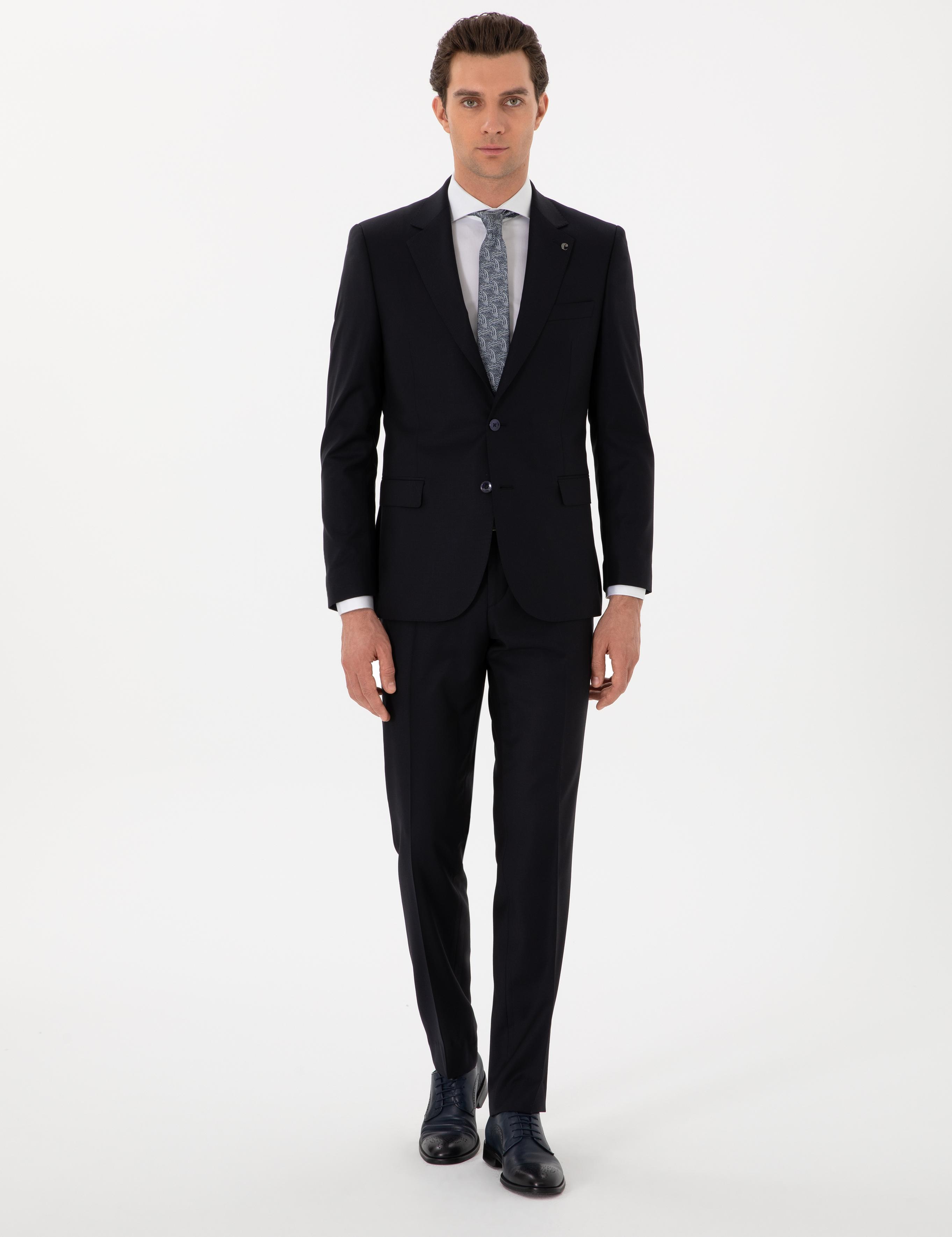 Koyu Lacivert Slim Fit %100 Yün Mikro Desenli Takım Elbise - 50300582041