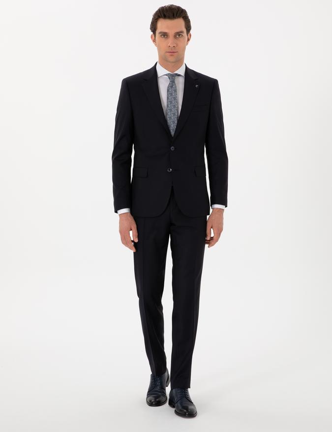 Koyu Lacivert Slim Fit %100 Yün Mikro Desenli Takım Elbise