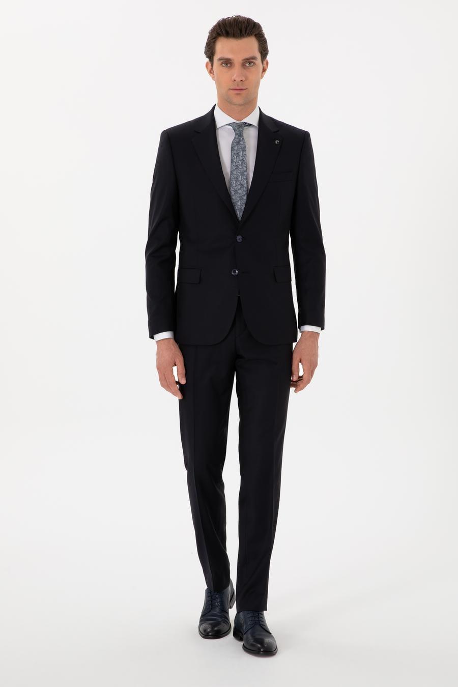 Koyu Lacivert Slim Fit %100 Yün Mikro Desenli Takım Elbise - 50300582041