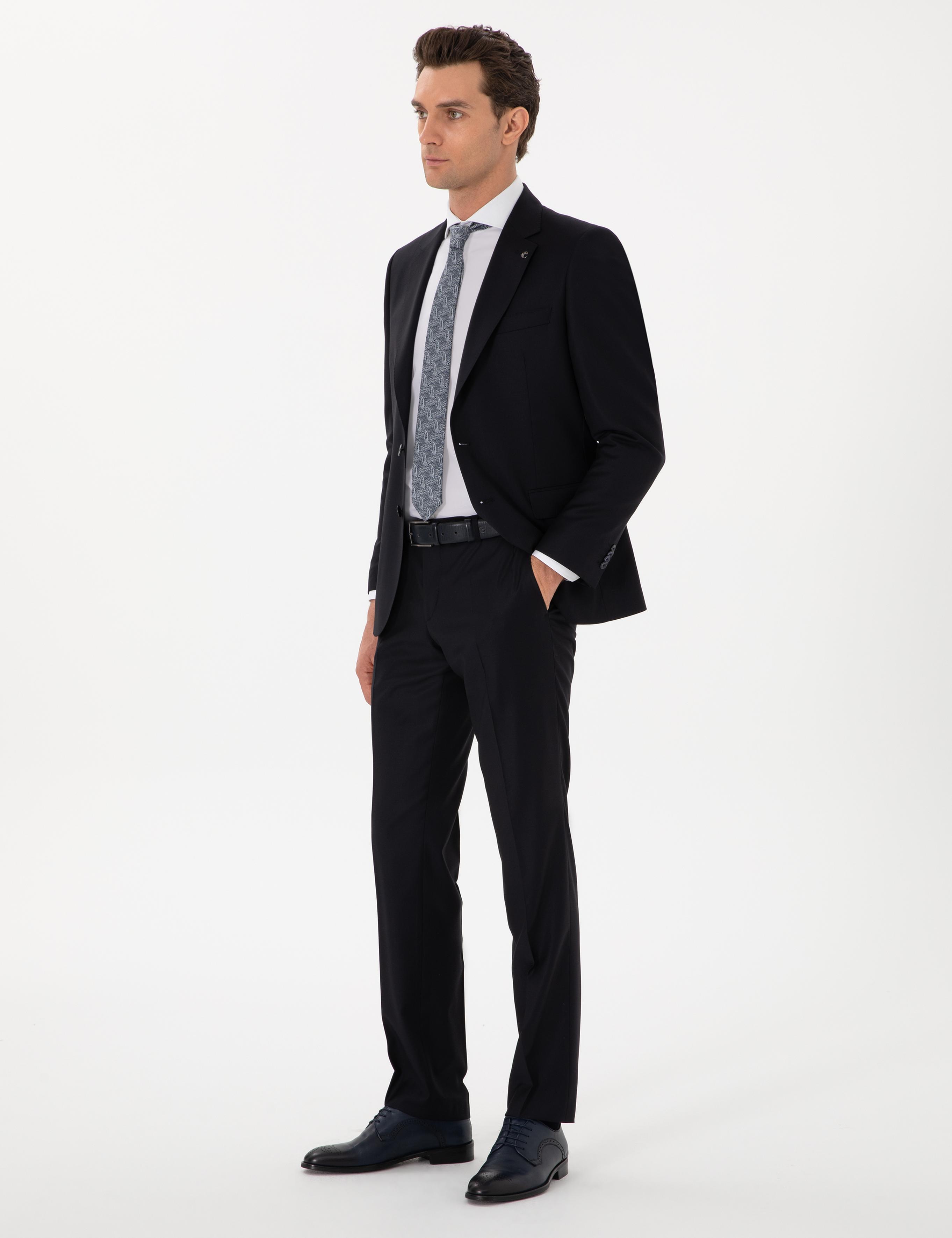 Koyu Lacivert Slim Fit %100 Yün Mikro Desenli Takım Elbise - 50300582041
