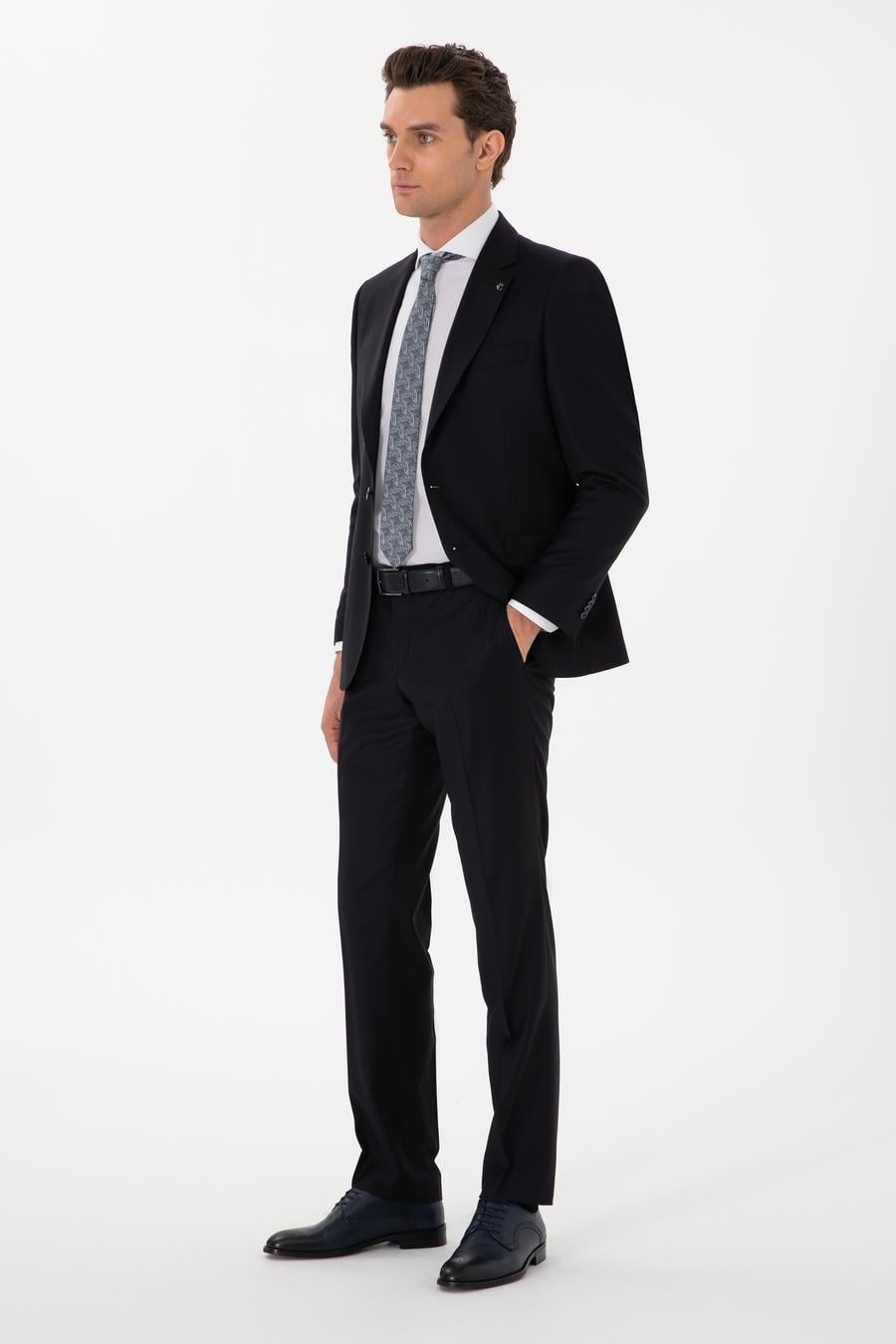 Koyu Lacivert Slim Fit %100 Yün Mikro Desenli Takım Elbise - 50300582041