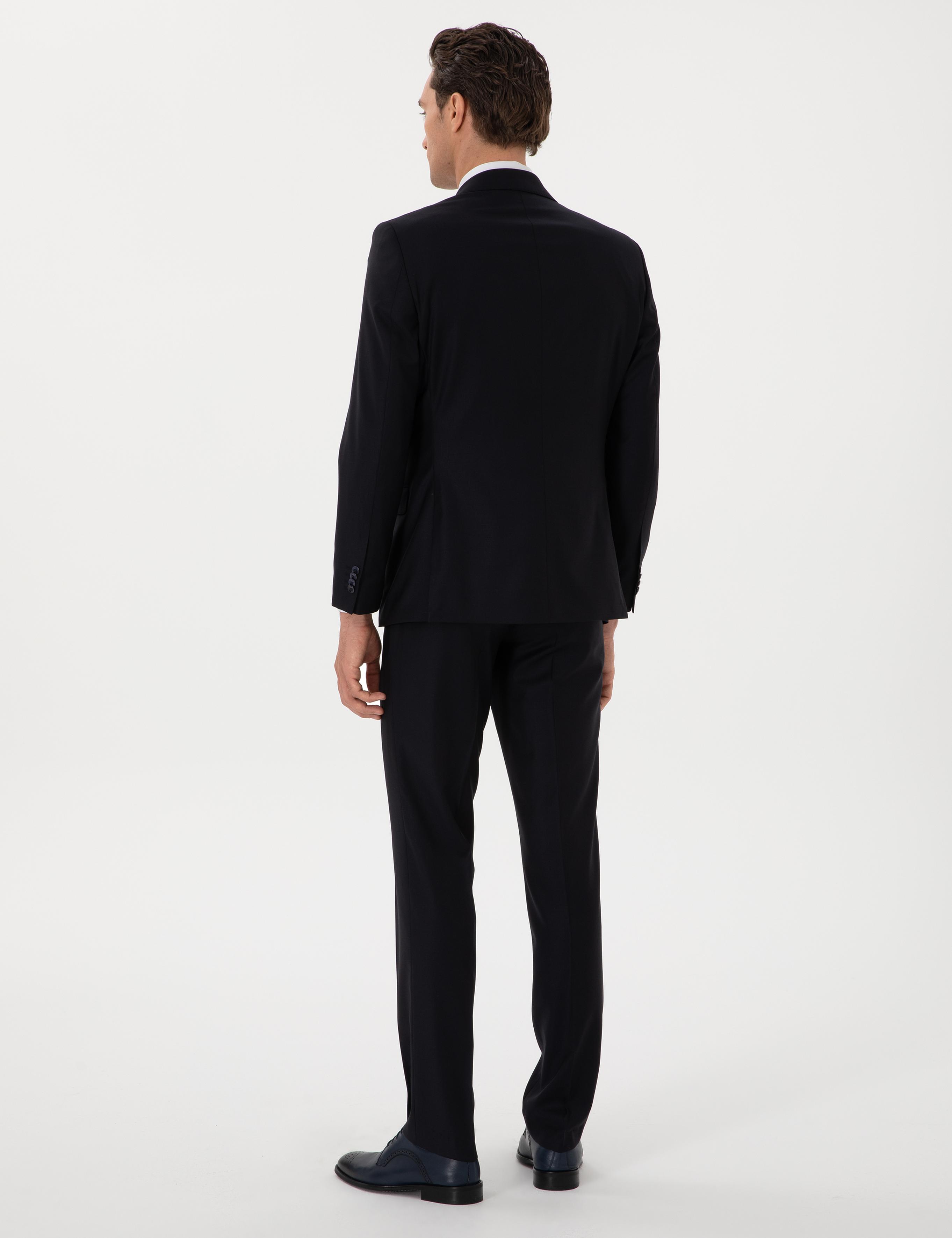 Koyu Lacivert Slim Fit %100 Yün Mikro Desenli Takım Elbise - 50300582041