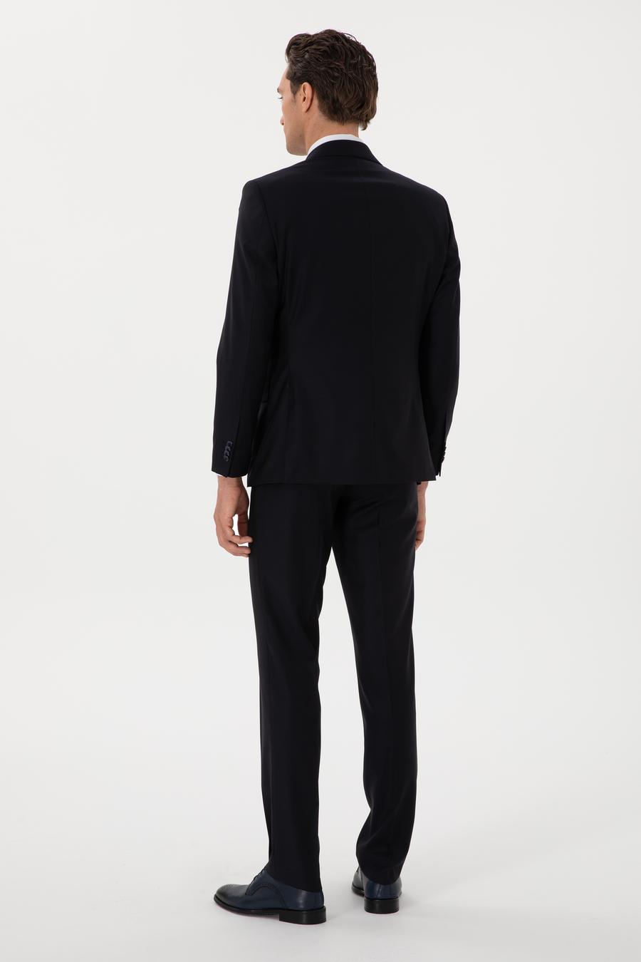 Koyu Lacivert Slim Fit %100 Yün Mikro Desenli Takım Elbise - 50300582041
