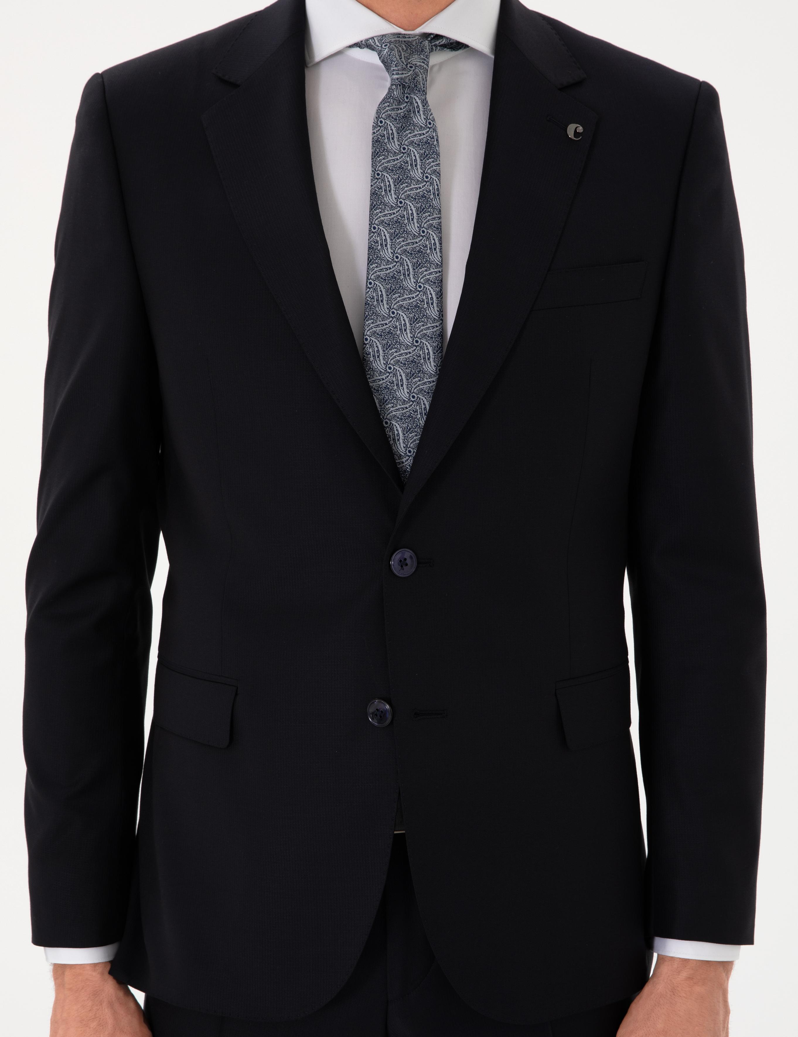 Koyu Lacivert Slim Fit %100 Yün Mikro Desenli Takım Elbise - 50300582041