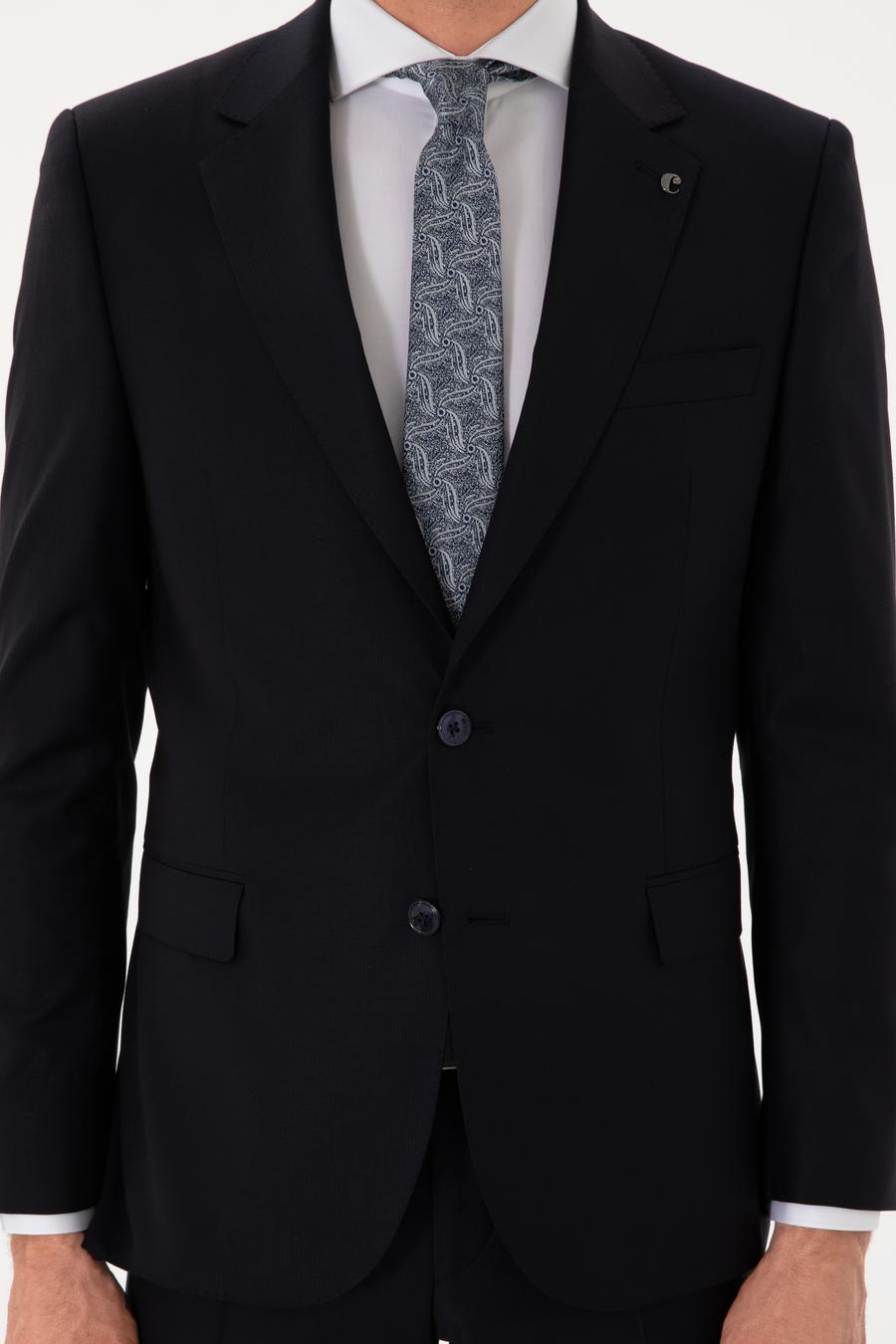 Koyu Lacivert Slim Fit %100 Yün Mikro Desenli Takım Elbise - 50300582041