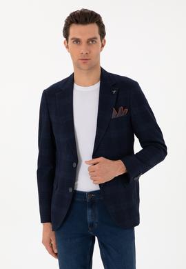 Lacivert Slim Fit Yün İpek Karışımlı Ekose Ceket