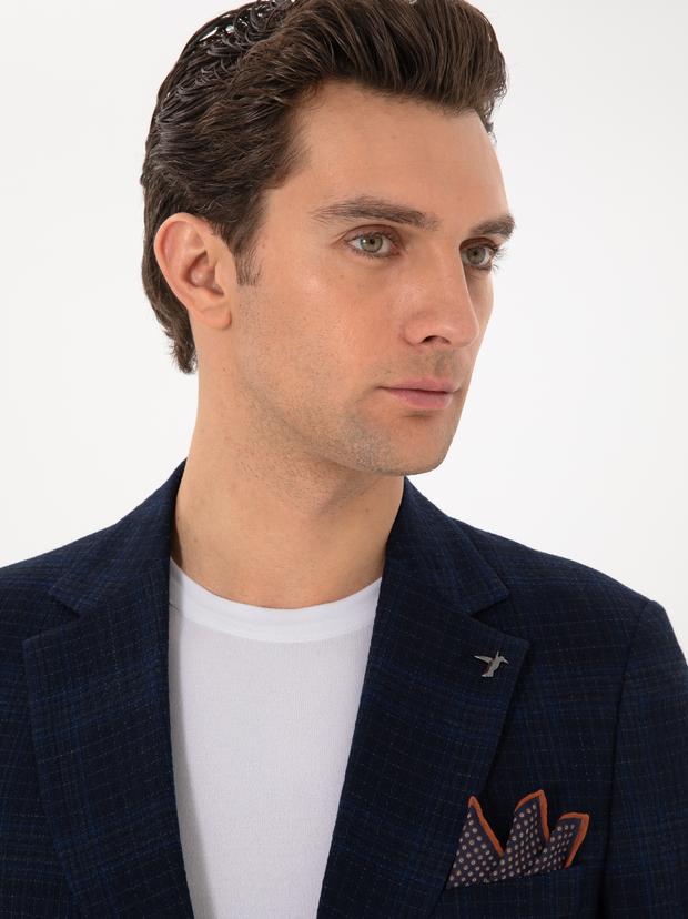 Lacivert Slim Fit Yün İpek Karışımlı Ekose Ceket
