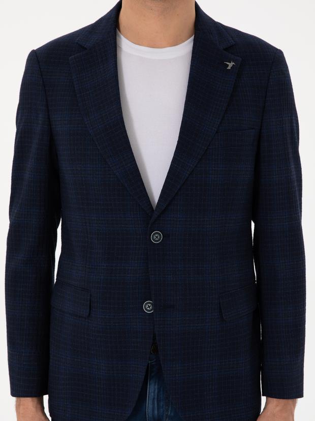 Lacivert Slim Fit Yün İpek Karışımlı Ekose Ceket