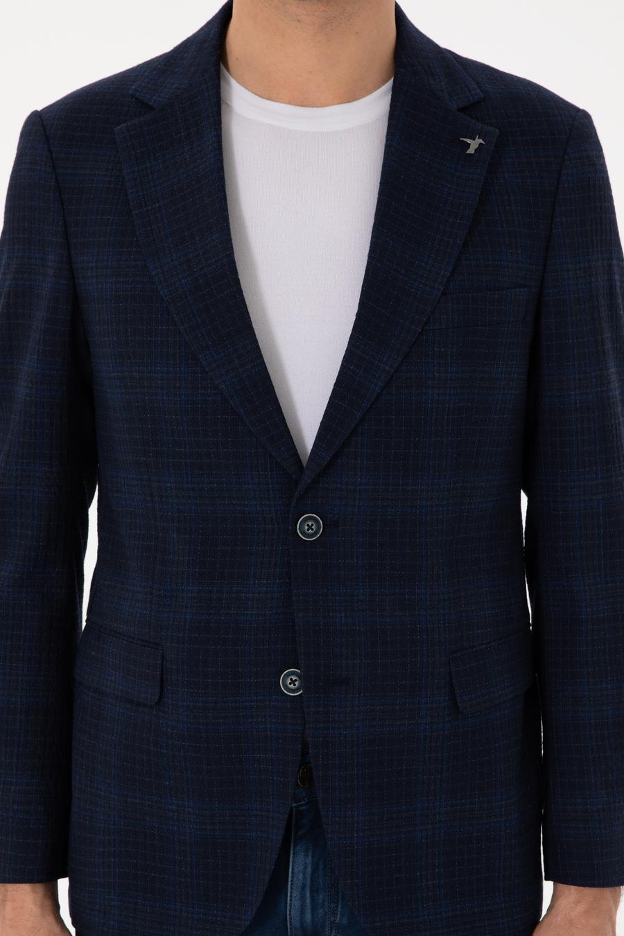 Lacivert Slim Fit Yün İpek Karışımlı Ekose Ceket - 50300634011