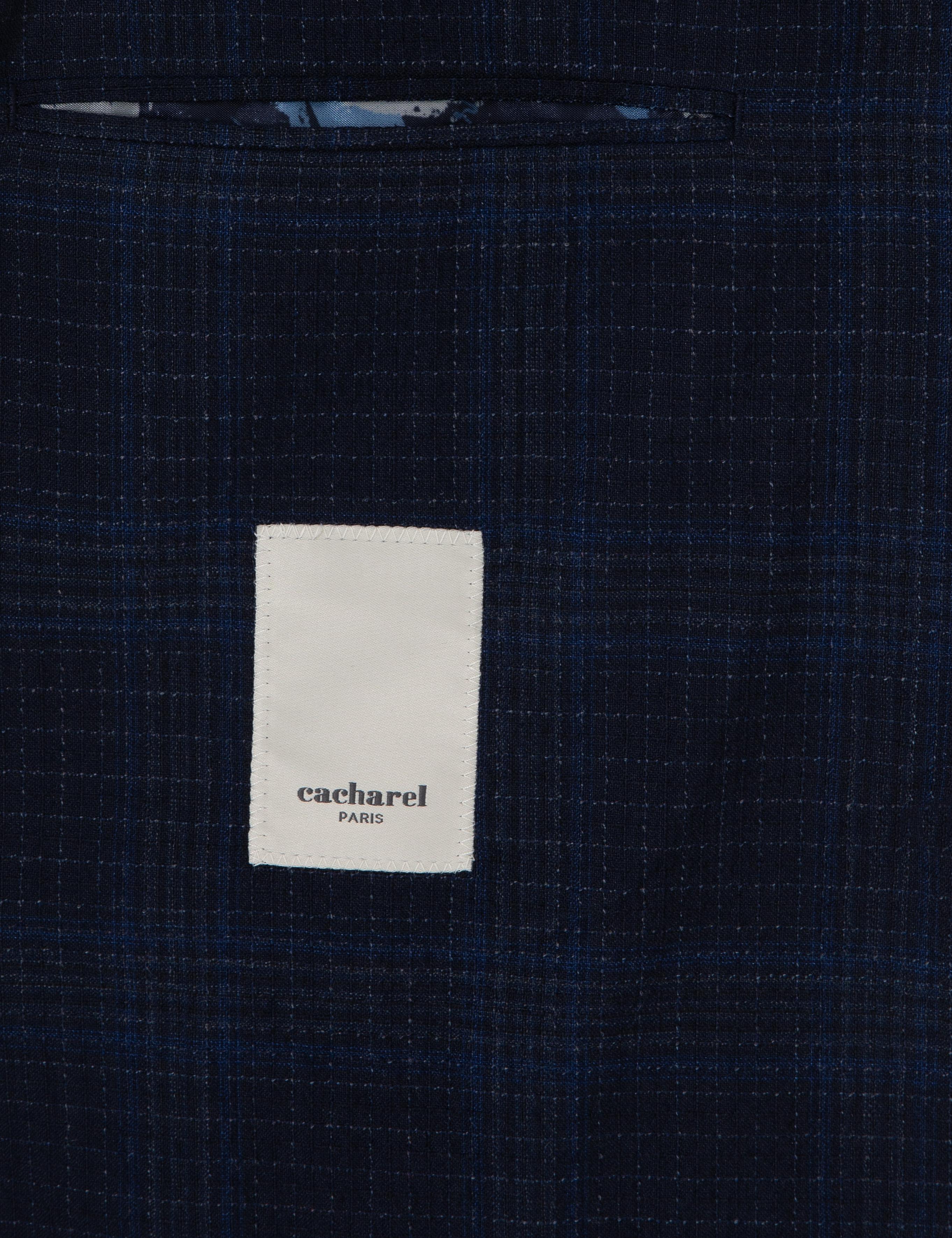 Lacivert Slim Fit Yün İpek Karışımlı Ekose Ceket - 50300634011