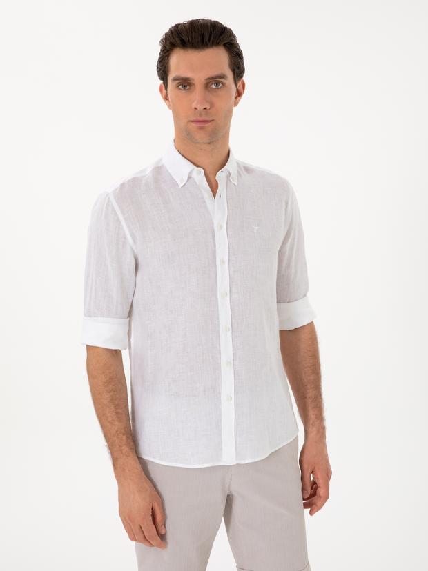 Beyaz Regular Fit %100 Keten Gömlek