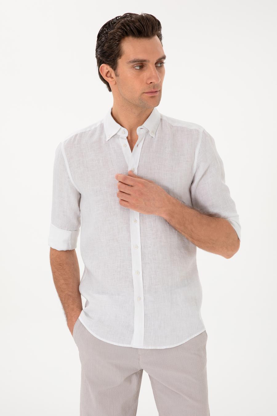 Beyaz Regular Fit %100 Keten Gömlek - 50303617284