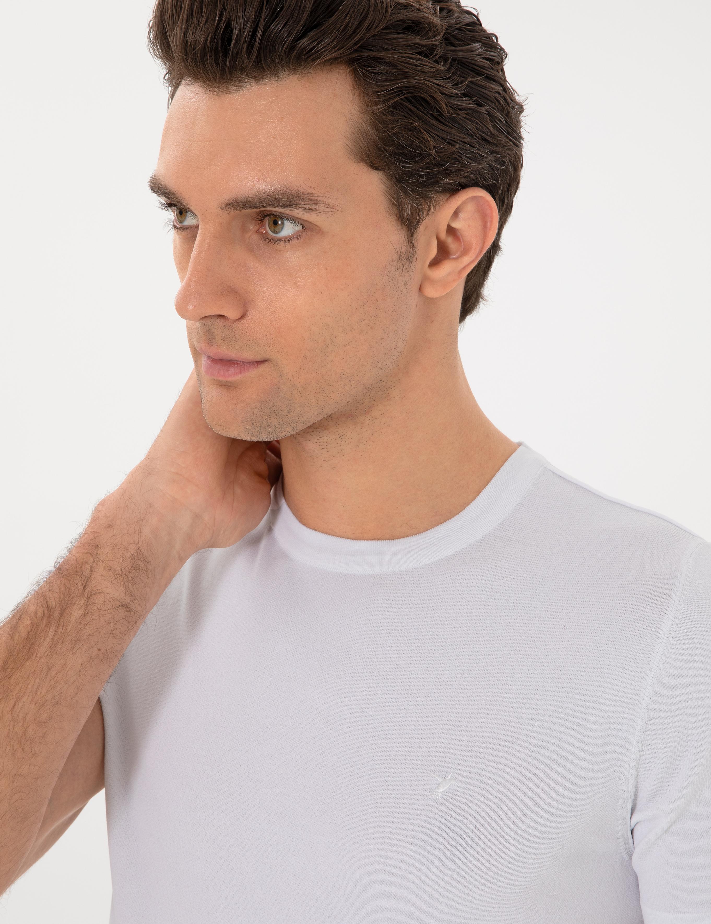 Beyaz Slim Fit Bisiklet Yaka Triko T-shirt - 50313587006