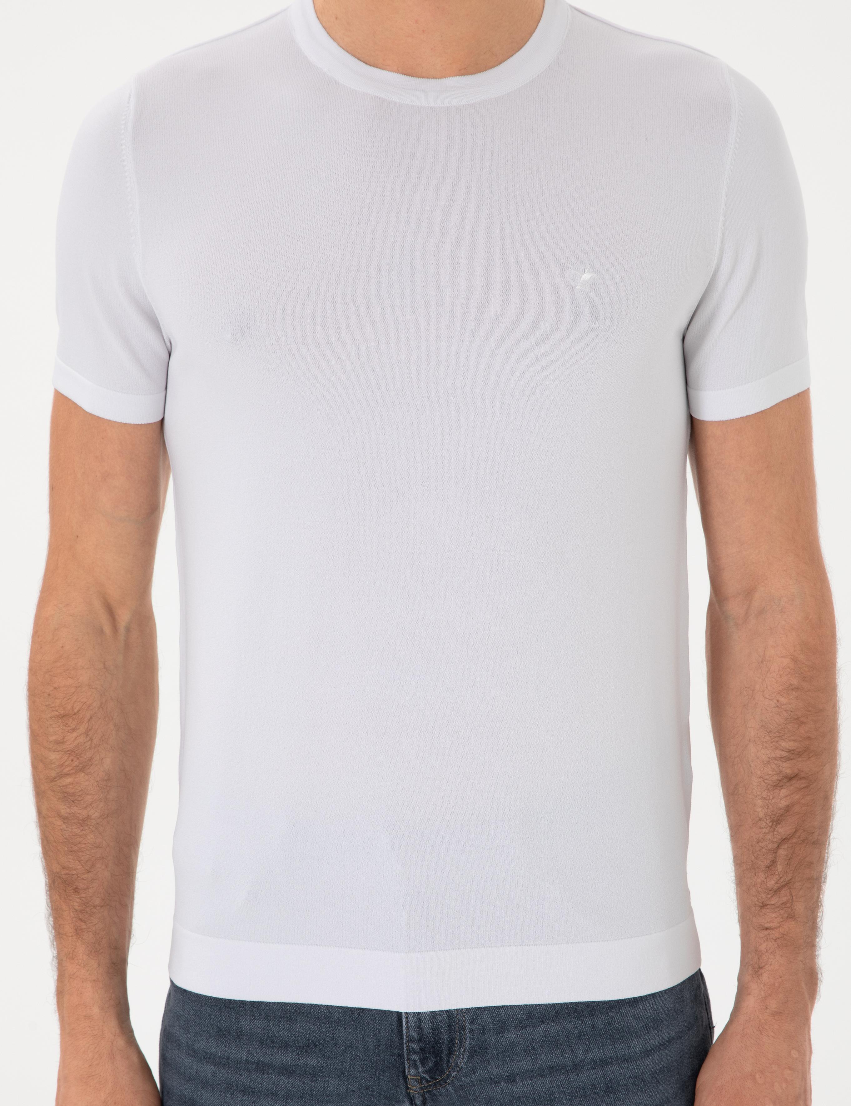 Beyaz Slim Fit Bisiklet Yaka Triko T-shirt - 50313587006