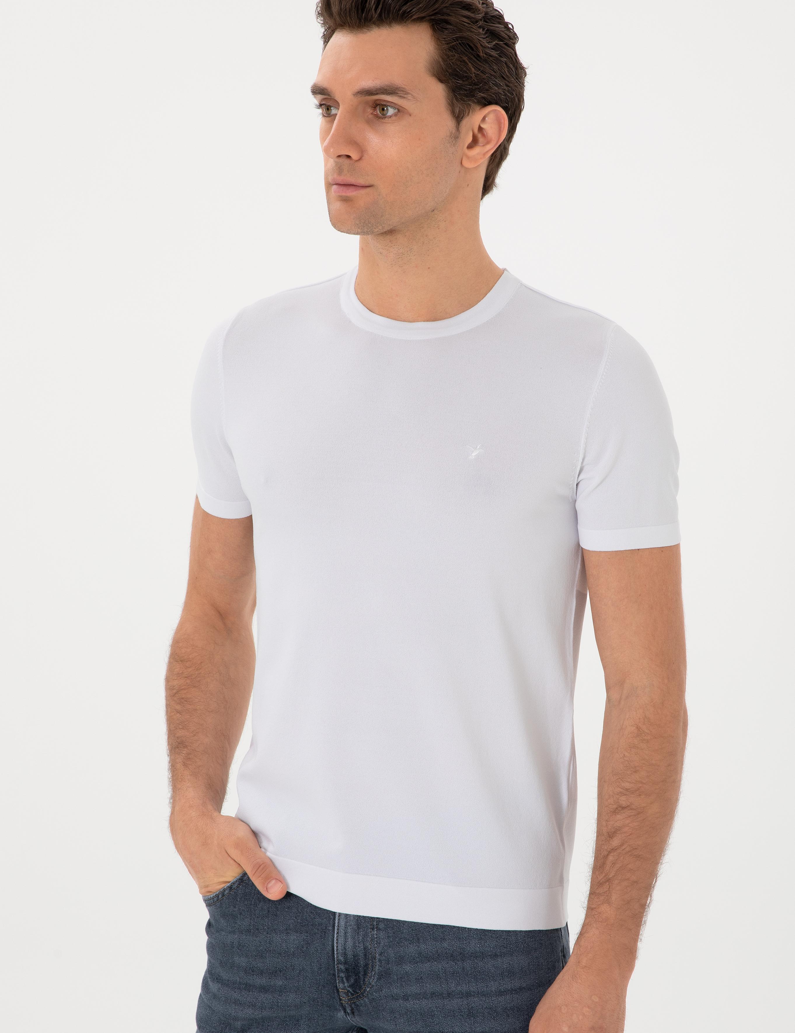 Beyaz Slim Fit Bisiklet Yaka Triko T-shirt - 50313587006