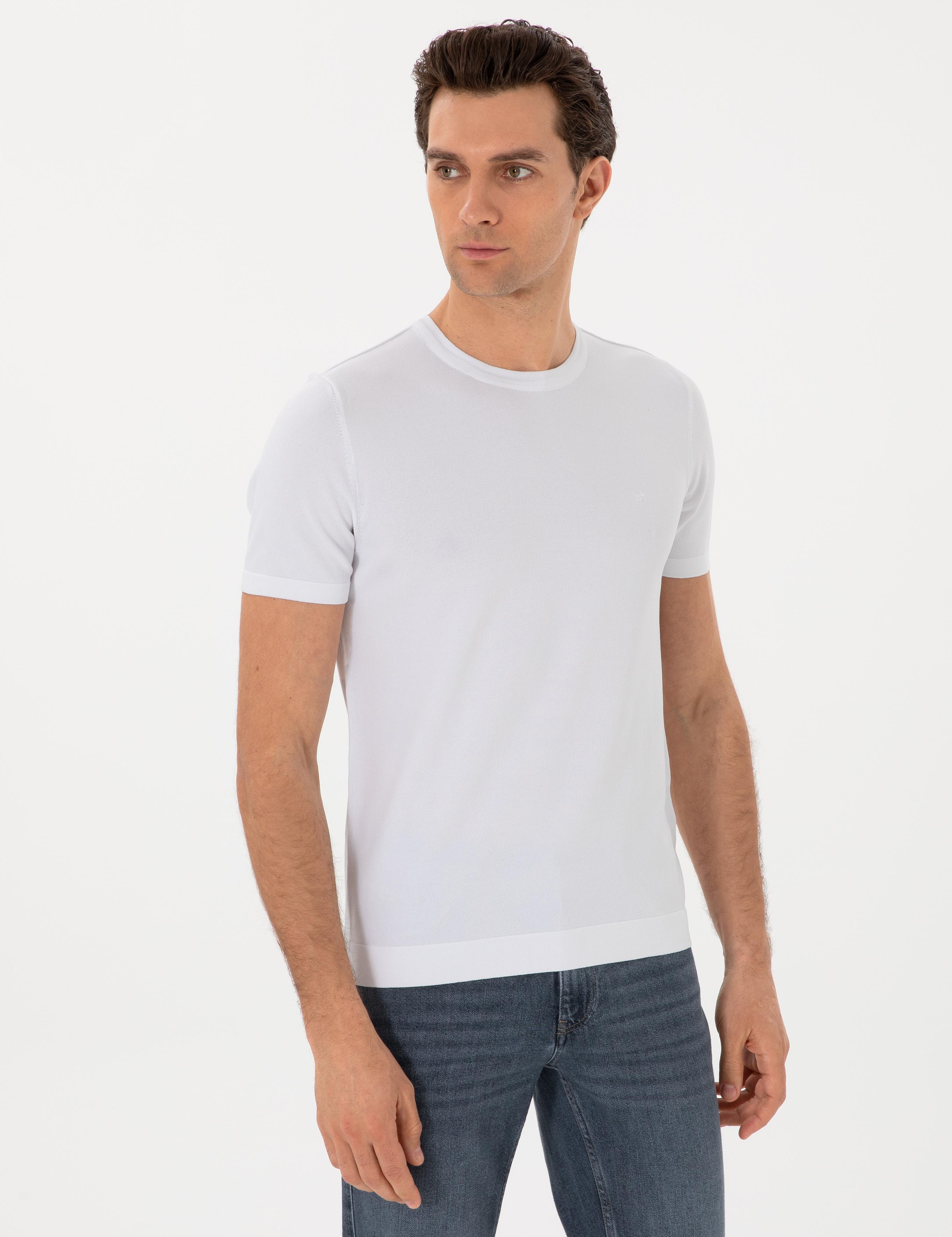 Beyaz Slim Fit Bisiklet Yaka Triko T-shirt - 50313587006