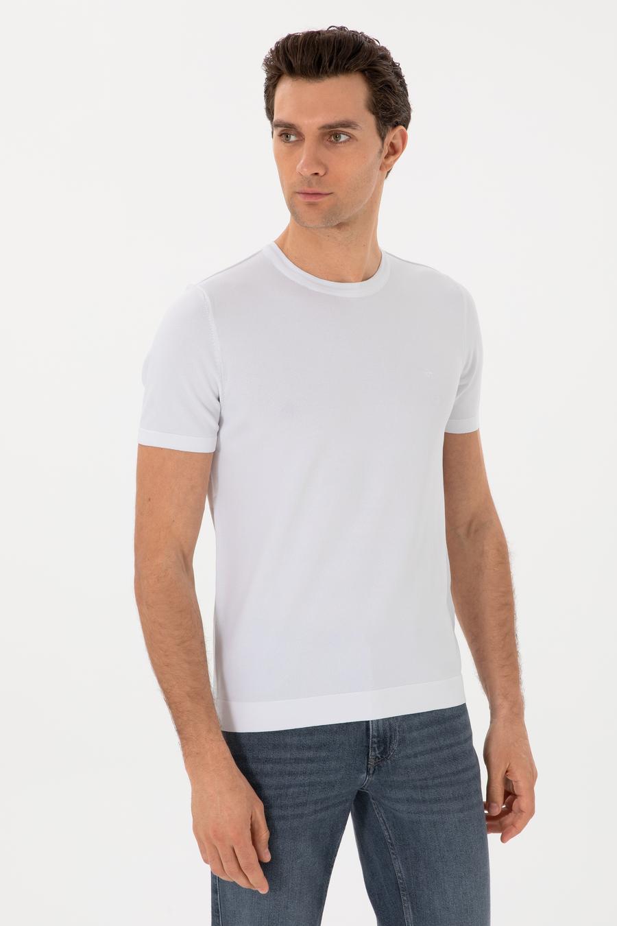 Beyaz Slim Fit Bisiklet Yaka Triko T-shirt - 50313587006