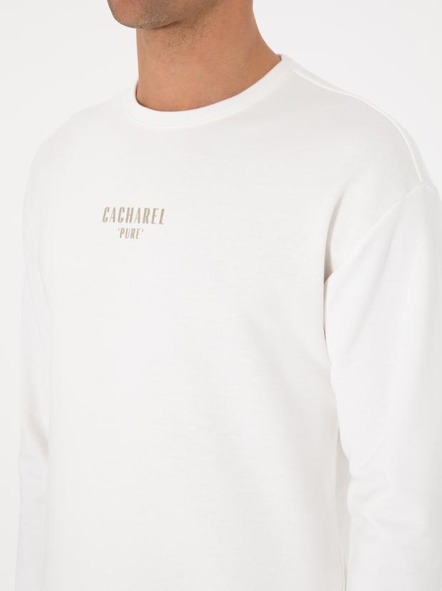 Ekru Comfort Fit Bisiklet Yaka Sweatshirt