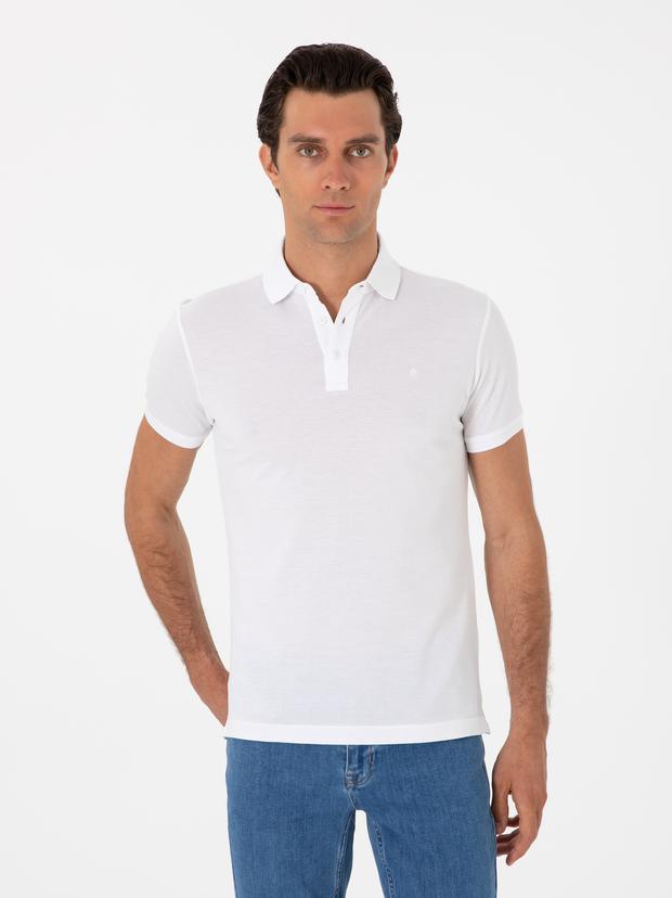 Beyaz Slim Fit Polo Yaka Pamuklu Basic T-shirt