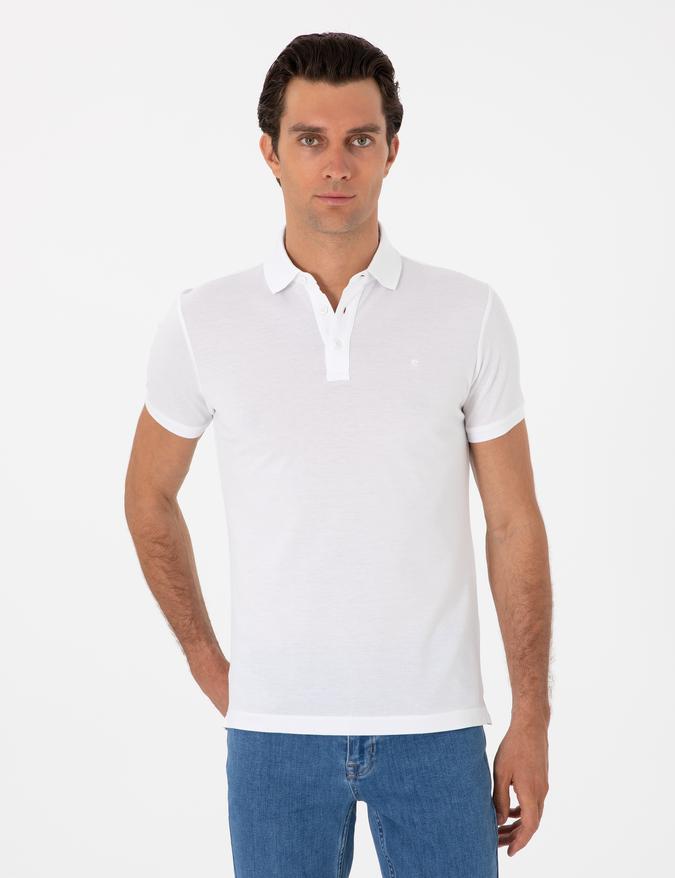 Beyaz Slim Fit Polo Yaka Pamuklu Basic T-shirt