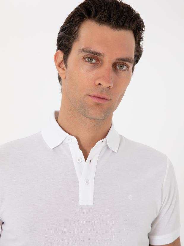 Beyaz Slim Fit Polo Yaka Pamuklu Basic T-shirt