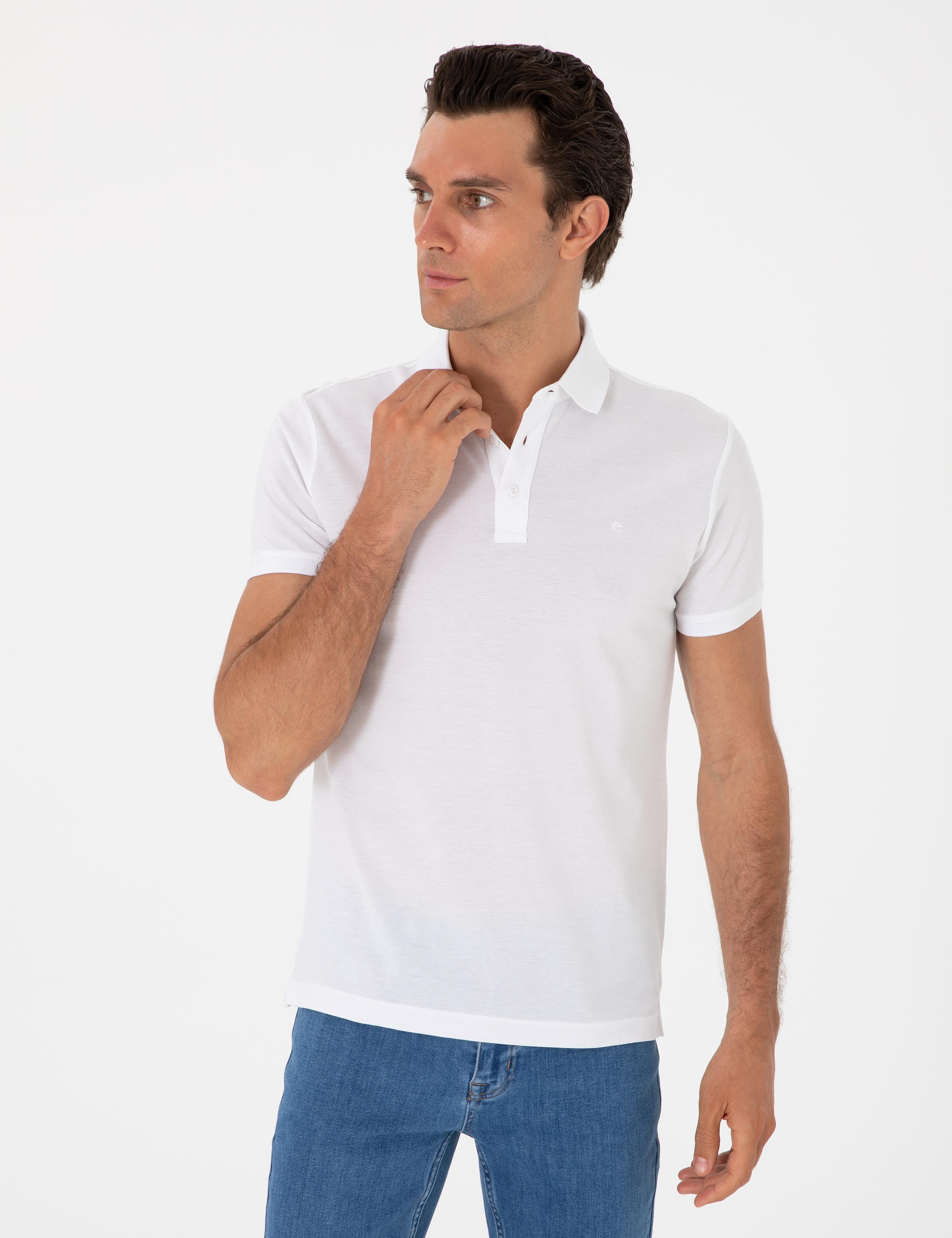 Beyaz Slim Fit Polo Yaka Pamuklu Basic T-shirt - 50300934017