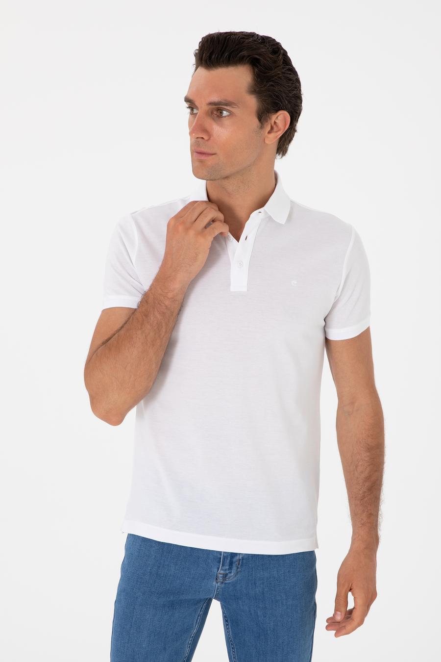 Beyaz Slim Fit Polo Yaka Pamuklu Basic T-shirt - 50300934017