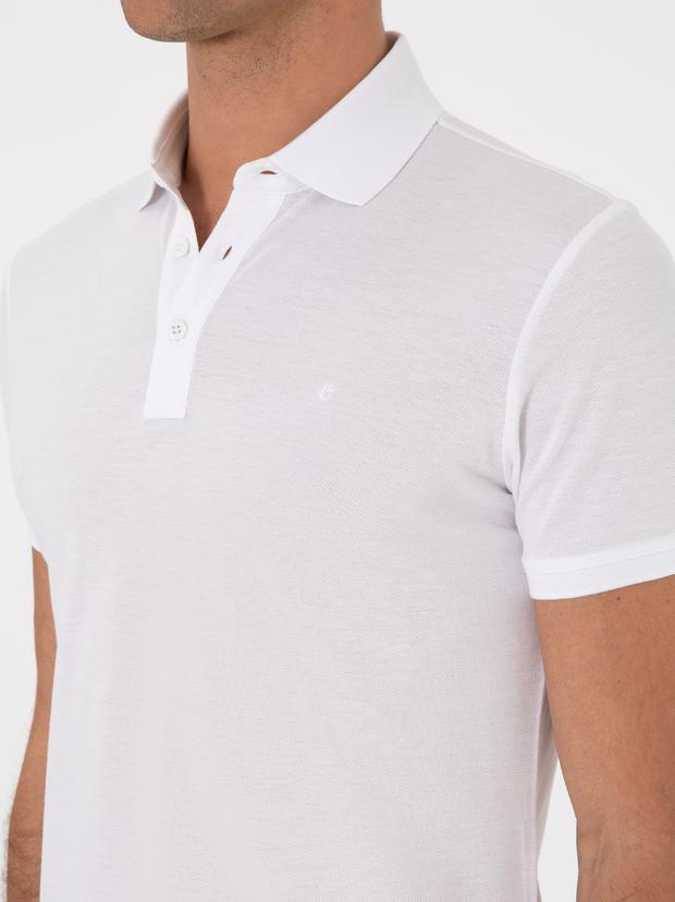 Beyaz Slim Fit Polo Yaka Pamuklu Basic T-shirt