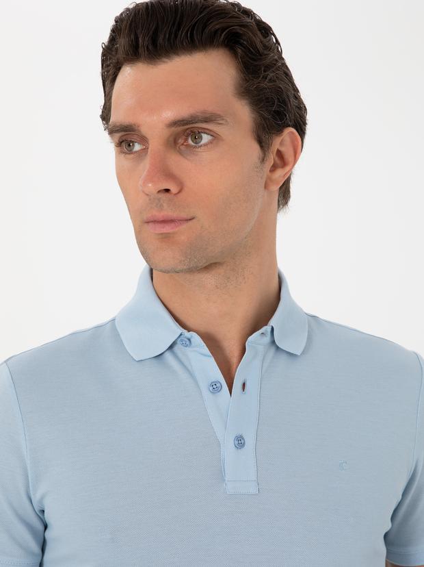 Buz Mavisi Slim Fit Polo Yaka Pamuklu Basic T-shirt