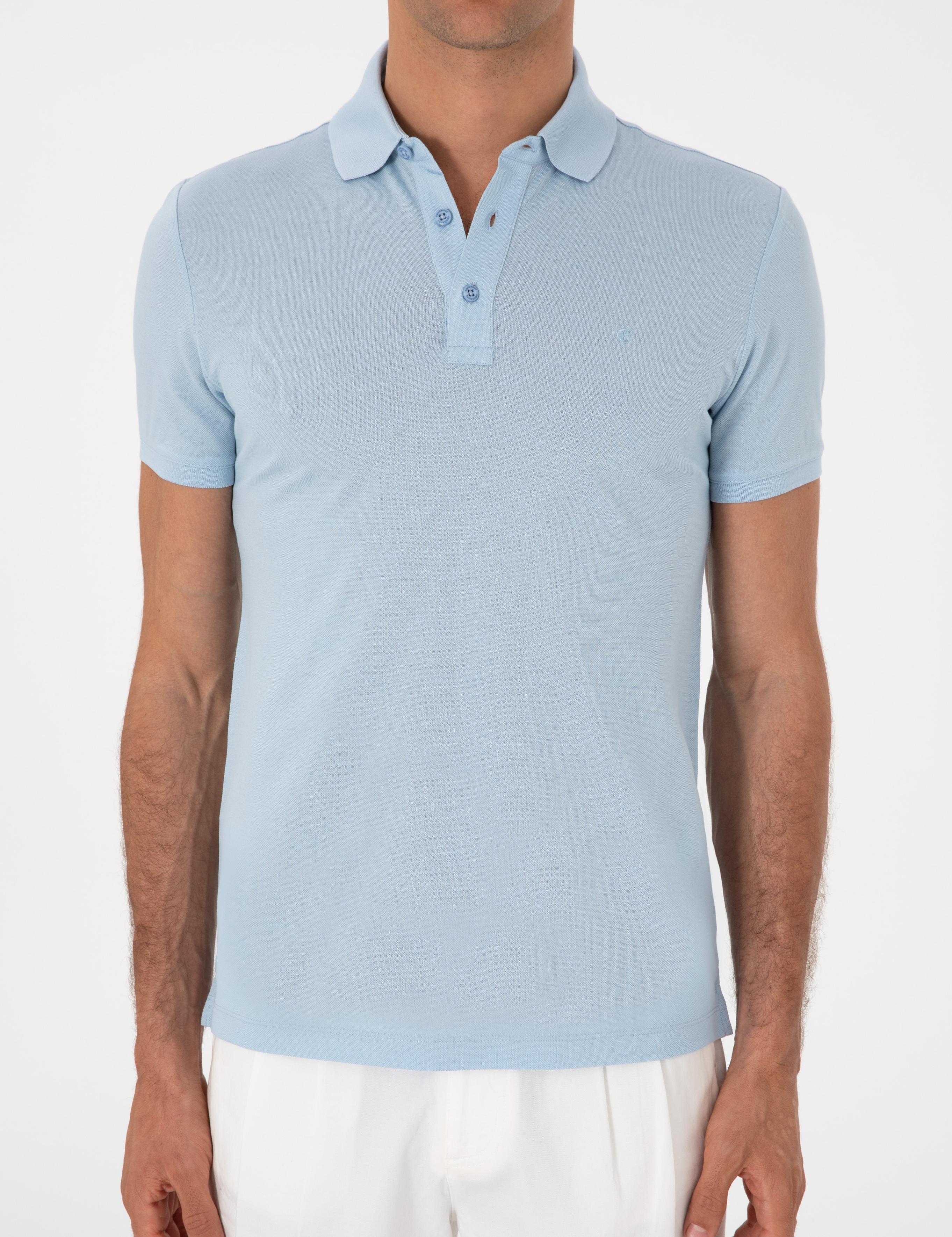 Buz Mavisi Slim Fit Polo Yaka Pamuklu Basic T-shirt - 50300934177