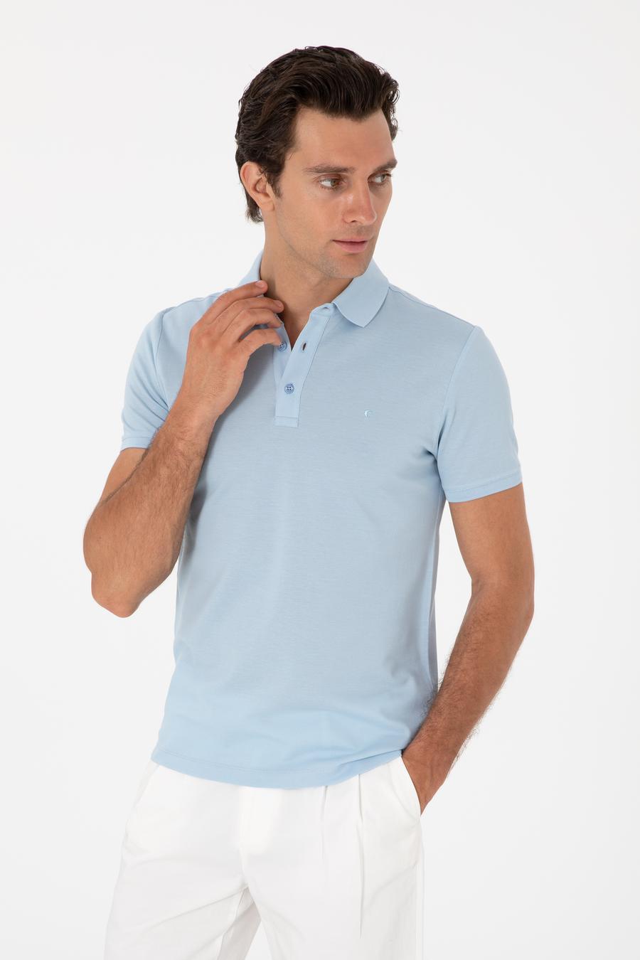 Buz Mavisi Slim Fit Polo Yaka Pamuklu Basic T-shirt - 50300934177