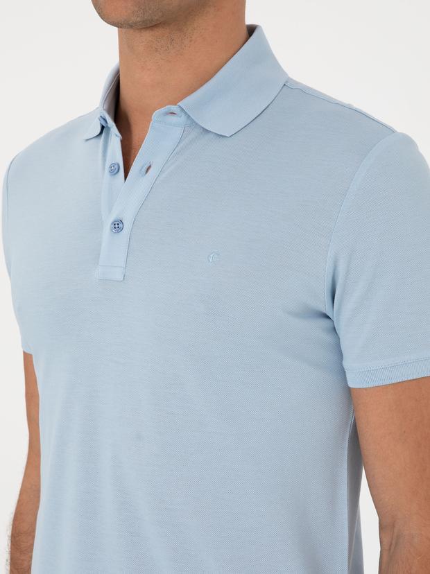 Buz Mavisi Slim Fit Polo Yaka Pamuklu Basic T-shirt