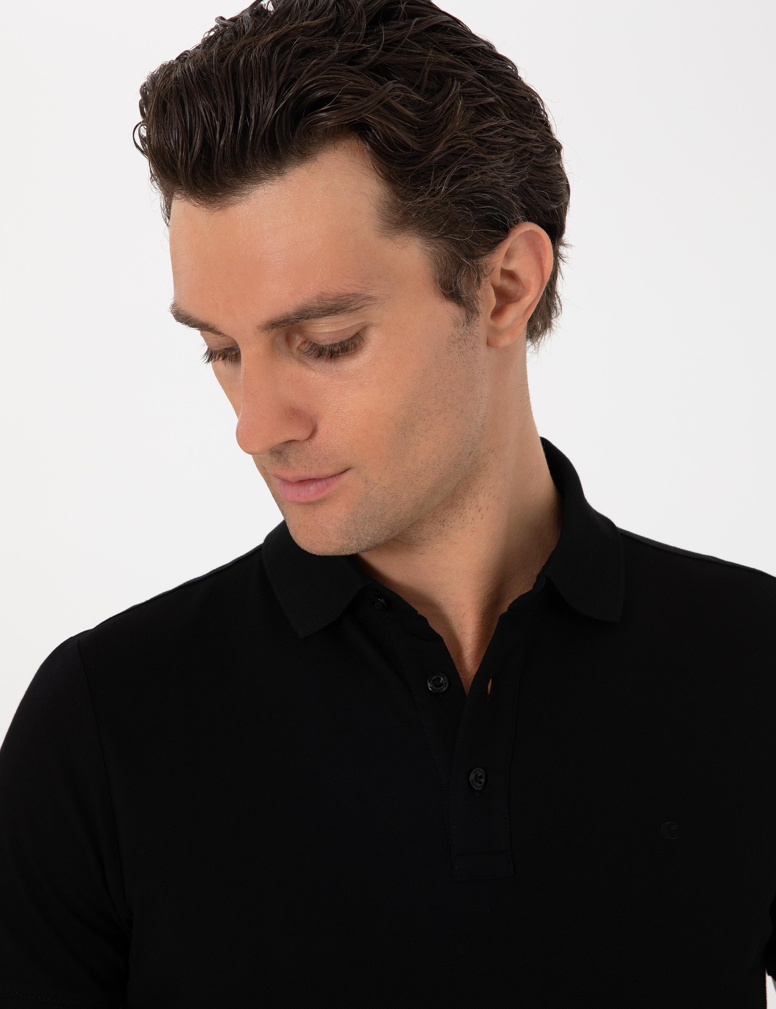 Siyah Slim Fit Polo Yaka Pamuklu Basic T-shirt - 50300934004