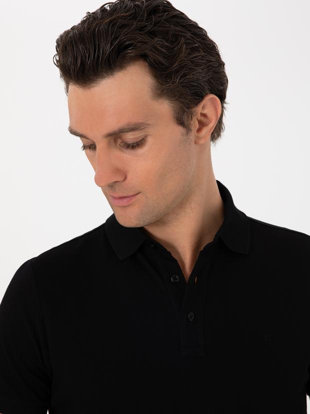 Siyah Slim Fit Polo Yaka Pamuklu Basic T-shirt