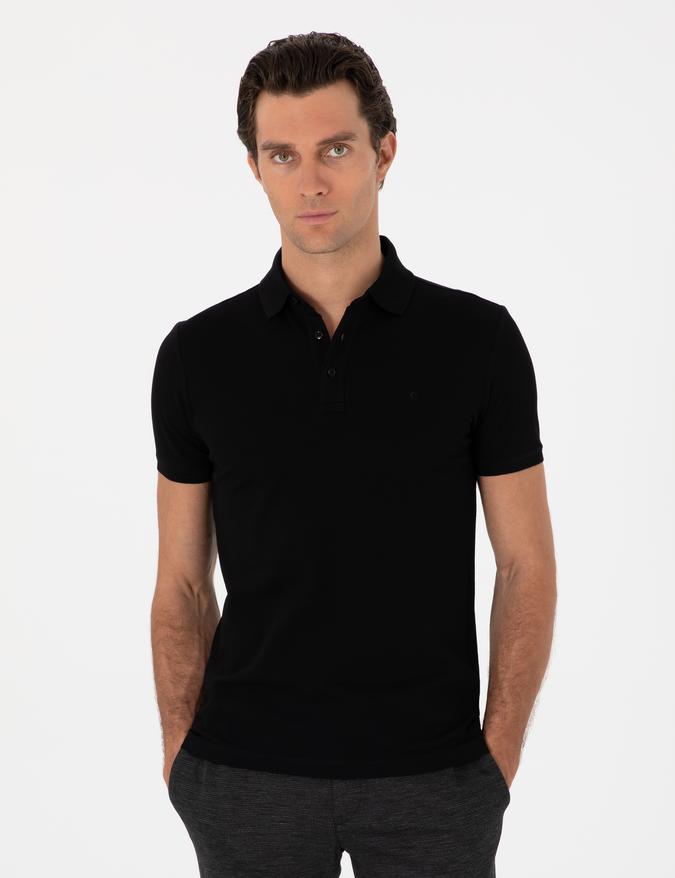 Siyah Slim Fit Polo Yaka Pamuklu Basic T-shirt