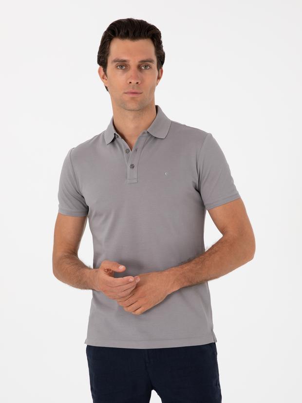 Koyu Gri Slim Fit Polo Yaka Pamuklu Basic T-shirt