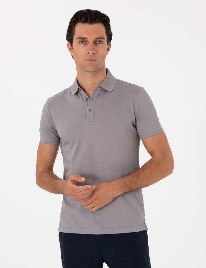 Koyu Gri Slim Fit Polo Yaka Pamuklu Basic T-shirt