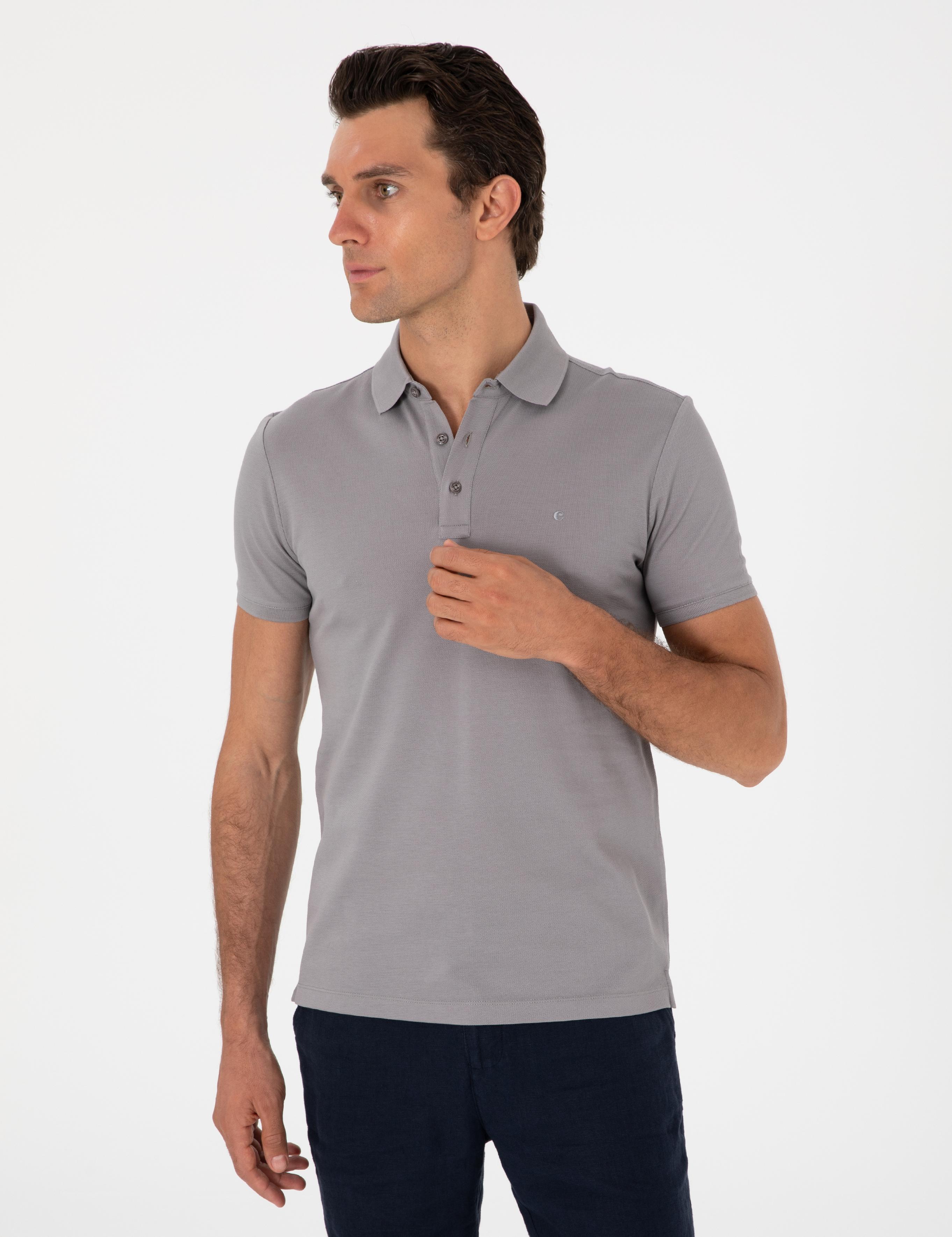 Koyu Gri Slim Fit Polo Yaka Pamuklu Basic T-shirt - 50300934303