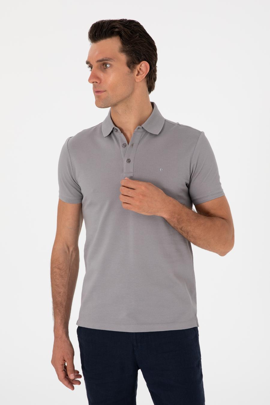 Koyu Gri Slim Fit Polo Yaka Pamuklu Basic T-shirt - 50300934303