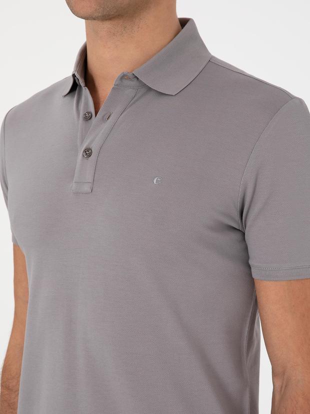 Koyu Gri Slim Fit Polo Yaka Pamuklu Basic T-shirt