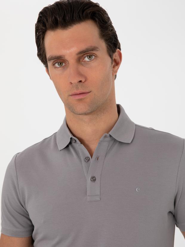 Koyu Gri Slim Fit Polo Yaka Pamuklu Basic T-shirt
