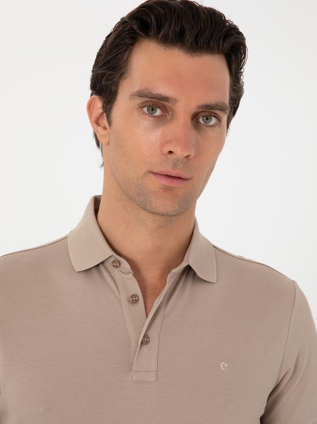 Koyu Bej Slim Fit Polo Yaka Pamuklu Basic T-shirt